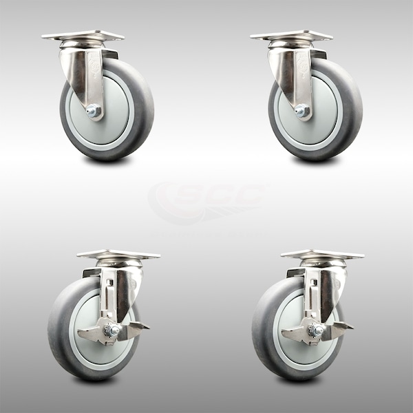 5 Inch 316SS Thermoplastic Rubber Wheel Swivel Top Plate Caster Brakes SCC, 2PK